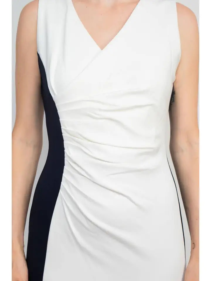 Tahari V-Neck Gathered Side Zipper Back Dress