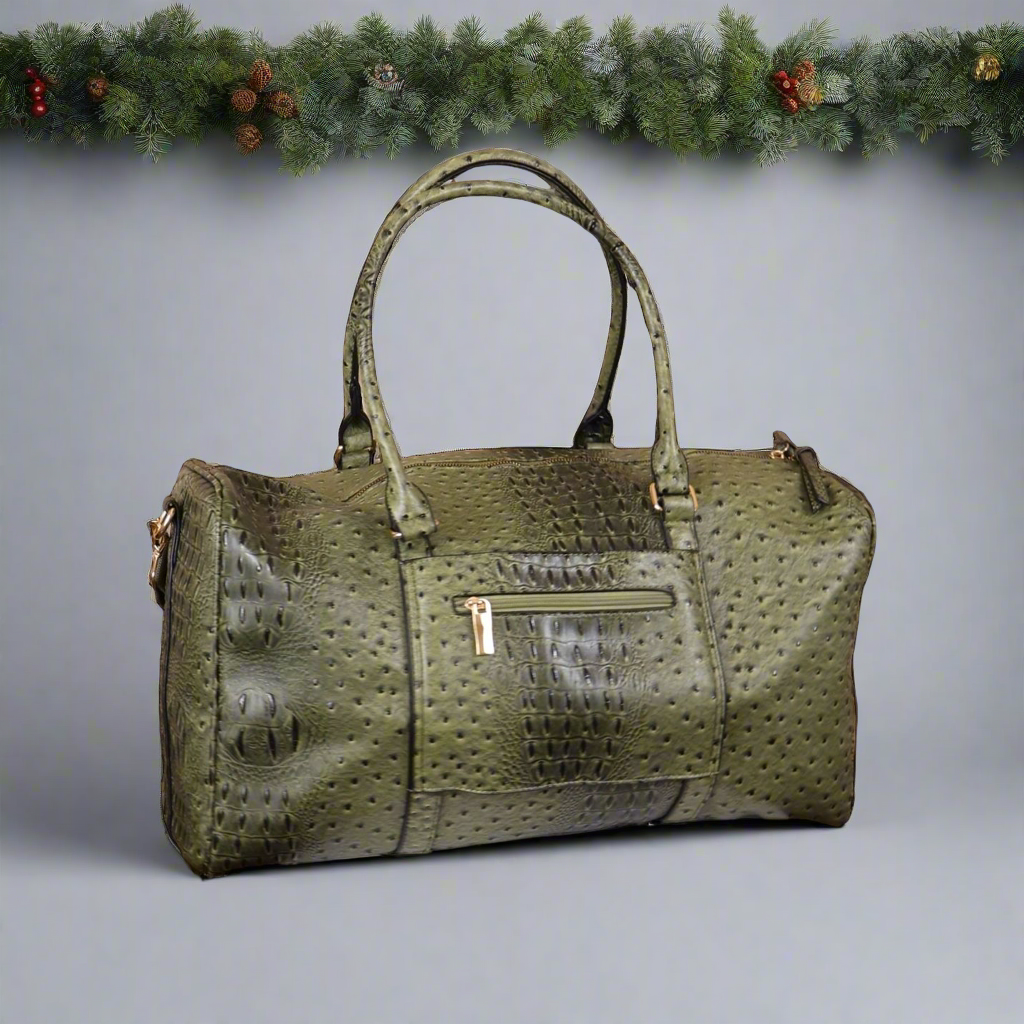 Green Ostrich Print Duffle Bag