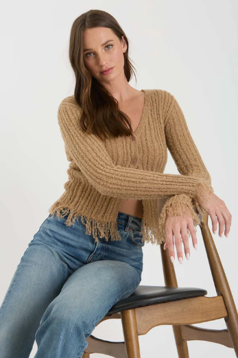 FRINGE V NECK BUTTON FRONT KNIT CARDIGAN