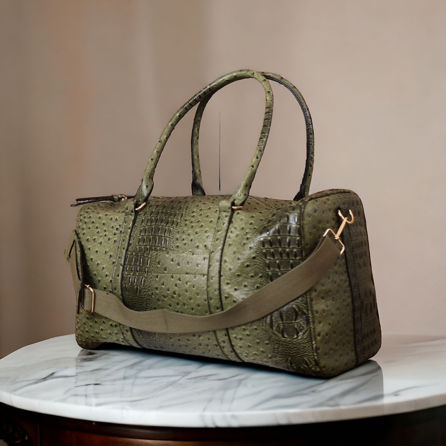 Green Ostrich Print Duffle Bag