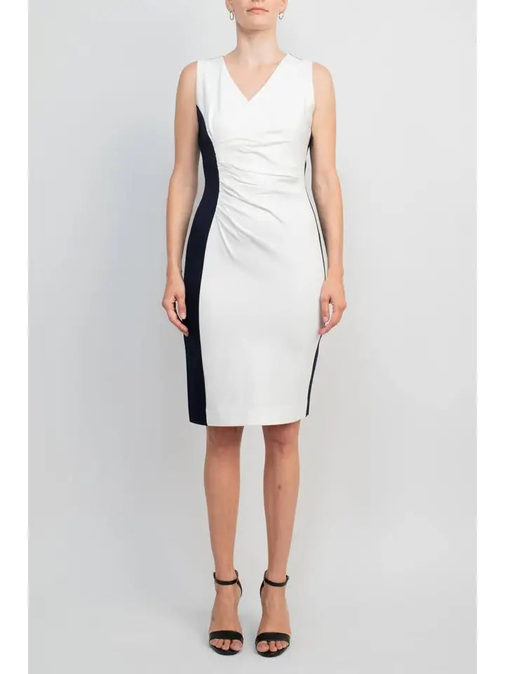 Tahari V-Neck Gathered Side Zipper Back Dress