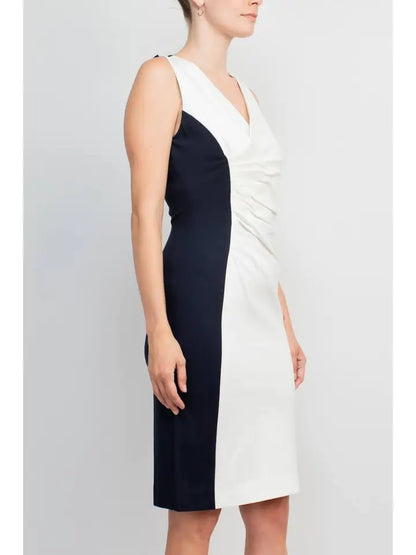 Tahari V-Neck Gathered Side Zipper Back Dress