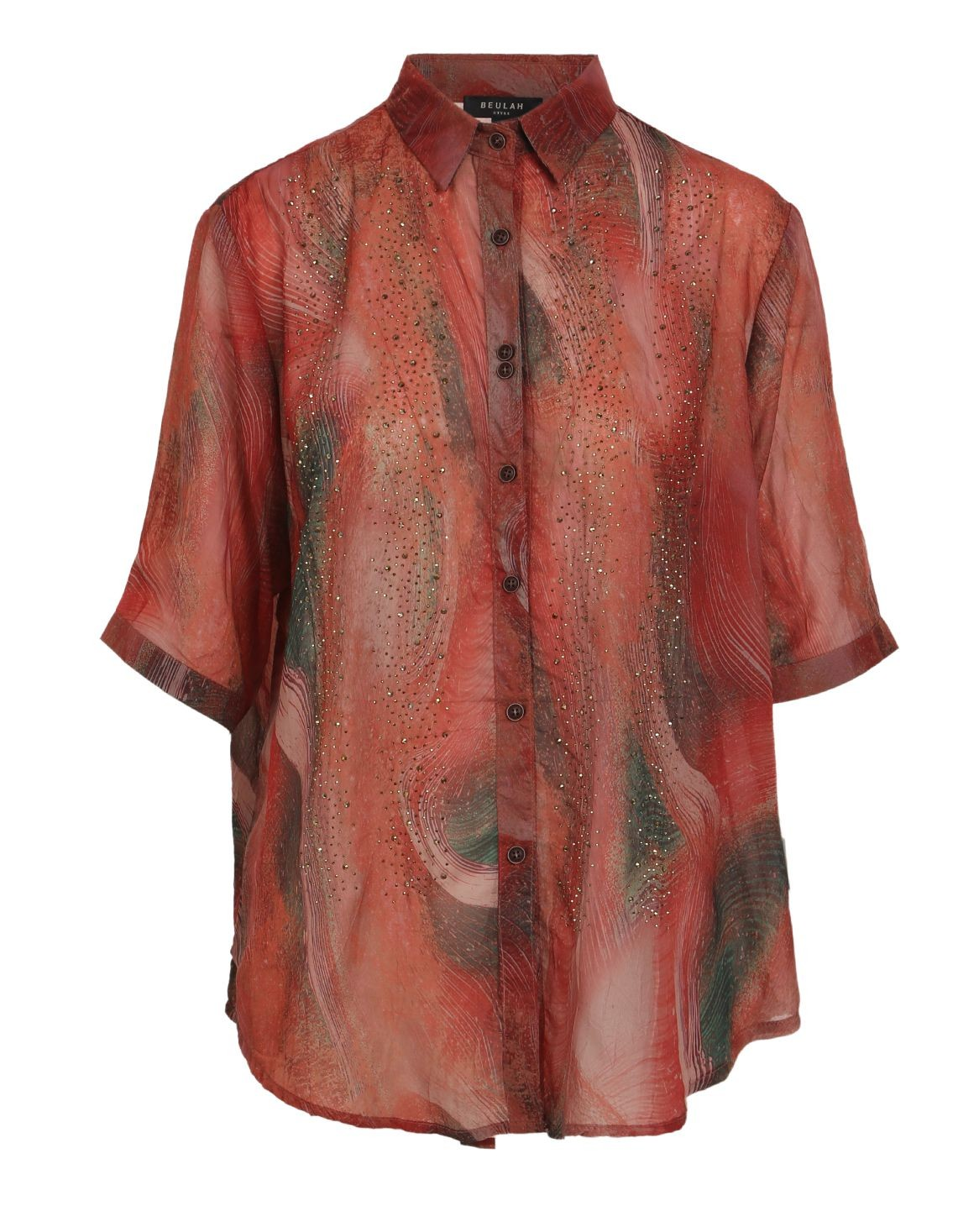 Embellished Abstract Swirl Printed Chiffon Blouse